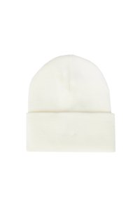 Berretto bianco lavorato a maglia in materiale morbido, con una visiera piegata e.texture liscia, progettato per offrire calore e comfort.