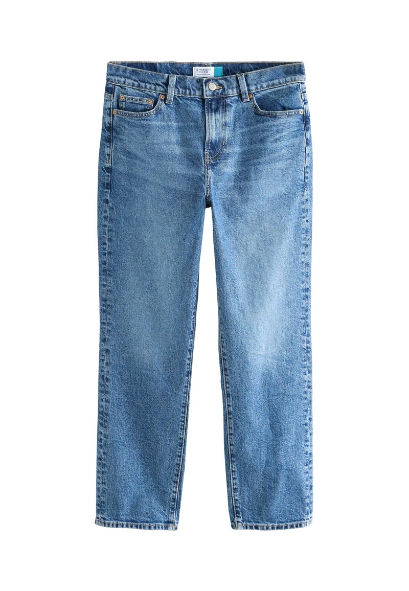 Světlomodré džíny rovného střihu vyrobené z denimu, s klasickým designem pěti kapes, prošívanými švy a zapínáním na knoflík.