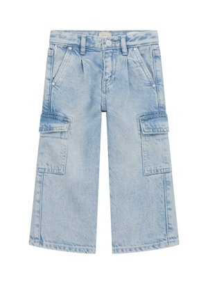 Pantaloni cargo din denim de culoare albastră deschisă, cu o croială lejeră, având multiple buzunare, închidere cu nasture și detalii de cusătură vizibile.
