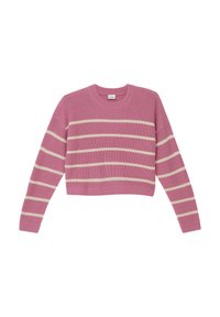 Maglione cropped rosa con strisce orizzontali bianche, caratterizzato da una texture a coste e scollatura rotonda. Maniche lunghe con polsini aderenti.