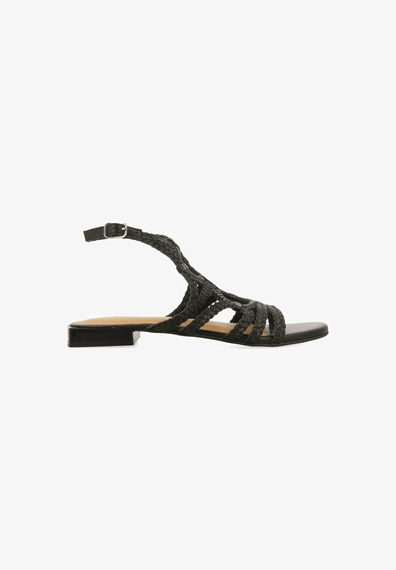 Sandalia plana negra con tiras trenzadas, una correa con hebilla en el tobillo y una plantilla de textura lisa. Diseño sencillo con una suela de perfil bajo.