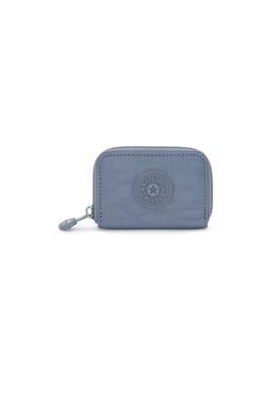 Blue zippered wallet made from nylon, featuring a round logo detail on the front and stitched edges. Compact rectangular shape.