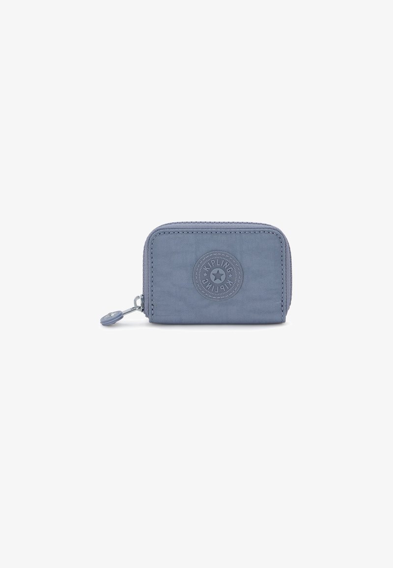Blue zippered wallet made from nylon, featuring a round logo detail on the front and stitched edges. Compact rectangular shape.