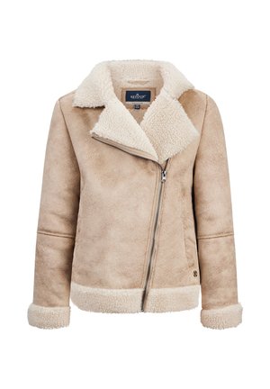 Veste beige en suédine synthétique avec doublure sherpa crème, large col, fermeture éclair argentée asymétrique et poignets et ourlet bordés de sherpa.