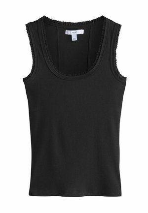 Schwarzes ärmelloses, geripptes Tanktop mit gewelltem Saum entlang des Halsausschnitts und der Armlöcher, mit einem weißen Größen- und Markenetikett innen.