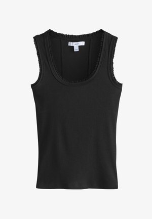 Musta, hihaton ribbineulottu toppi, jossa aaltoileva reunus pääntiellä ja hihojen aukkojen reunoilla, sisältä valkoinen koko- ja merkkietiketti.