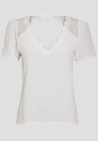 Witte top met korte mouwen, versierd met kant, V-hals en textiel met structuur. Heeft decoratieve stiksels langs de halslijn en mouwen.