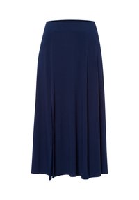 Gonna midi blu navy realizzata in un tessuto morbido ed elasticizzato; presenta un design svasato con uno spacco laterale per facilitare il movimento.