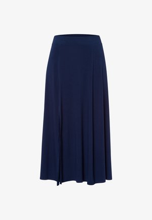 Gonna midi blu navy realizzata in un tessuto morbido ed elasticizzato; presenta un design svasato con uno spacco laterale per facilitare il movimento.