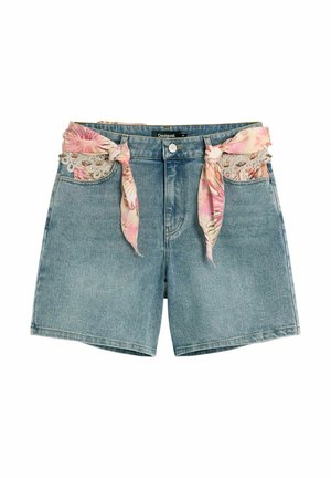 Denimist lühikesed püksid, millel on lilledemustriga kangast kinnitused vööaasades ja pitsääristega esimesed taskud, nööbi- ja luku sulgemine, suurus 38.