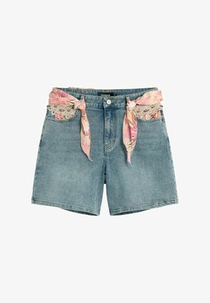 Denimist lühikesed püksid, millel on lilledemustriga kangast kinnitused vööaasades ja pitsääristega esimesed taskud, nööbi- ja luku sulgemine, suurus 38.