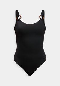 Μαύρο ολόσωμο μαγιό με ρυθμιζόμενες τιράντες, κυκλικά καφέ διακοσμητικά στοιχεία και λεία υφή. Διαθέτει ψηλή κοπή στα πόδια και διακριτική λεπτομέρεια με λογότυπο.