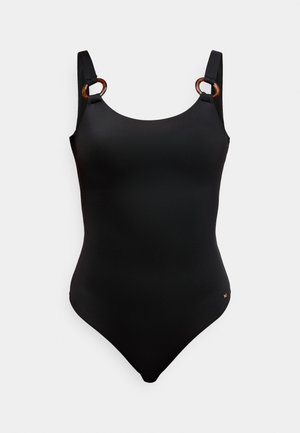 Czarny jednoczęściowy kostium kąpielowy z regulowanymi ramiączkami, okrągłymi brązowymi akcentami i gładką fakturą. Posiada wysoki krój nogawek oraz subtelne logo.