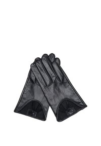 Crne kožne rukavice glatke teksture, s podijeljenim prstima i zaobljenim otvorima. Unutarnja podstava vidljiva na zapešću.