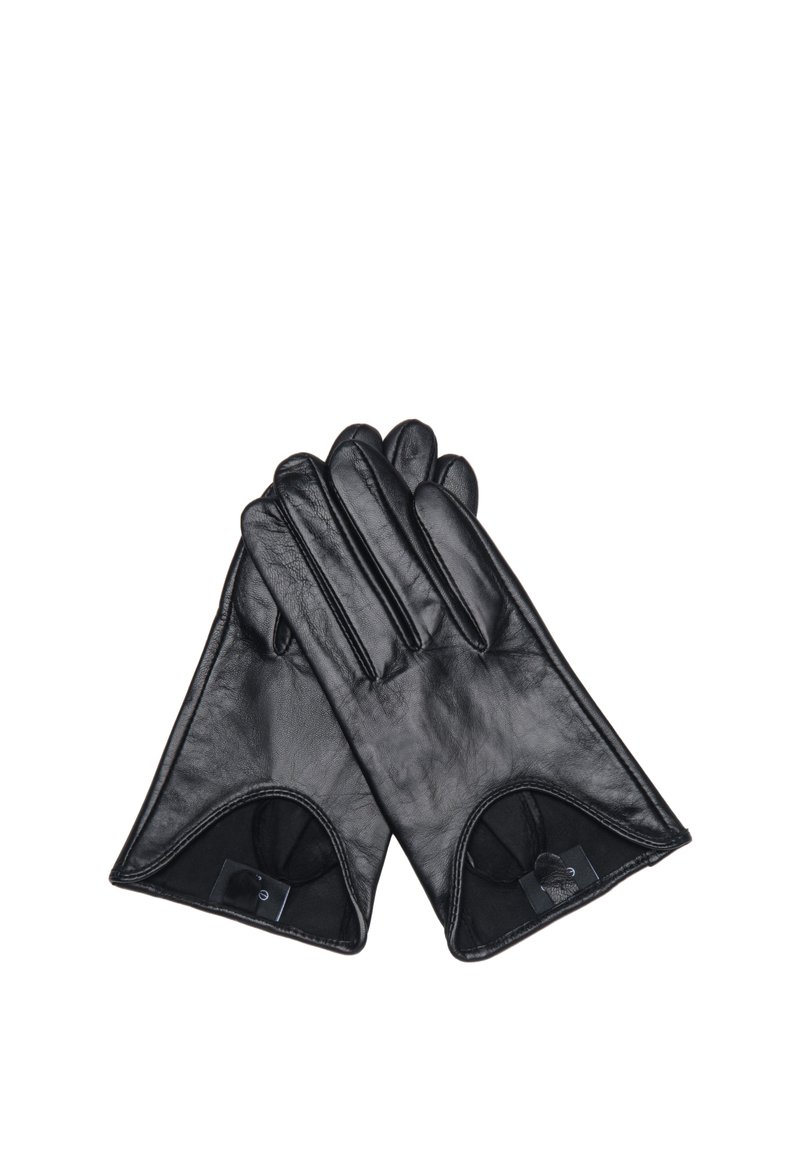 Crne kožne rukavice glatke teksture, s podijeljenim prstima i zaobljenim otvorima. Unutarnja podstava vidljiva na zapešću.