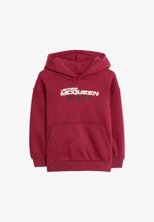 Un sweat à capuche bordeaux en tissu doux, avec une poche kangourou, un capuchon avec cordon de serrage, et un texte "Lightning McQueen" imprimé sur le devant.