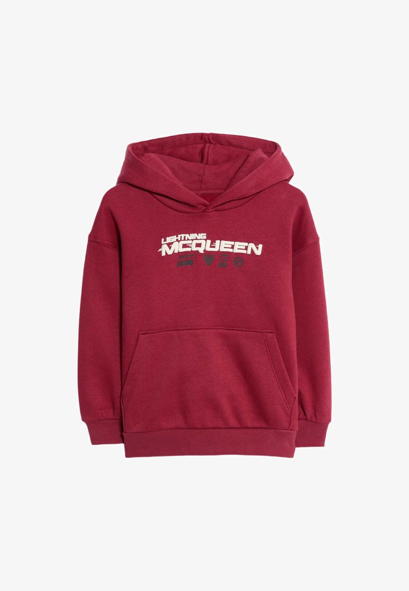 Bordový mikina vyrobená z měkké tkaniny, s klokankovou kapsou, kapucí se šňůrkou a potiskem "Blesk McQueen" na přední straně.