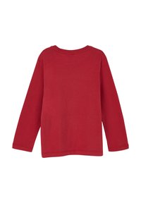 Langärmliges rotes T-Shirt aus weichem Stoff. Verfügt über einen Rundhalsausschnitt und einfache Nähte an den Ärmeln und dem Saum. Keine sichtbaren Muster oder Akzente.