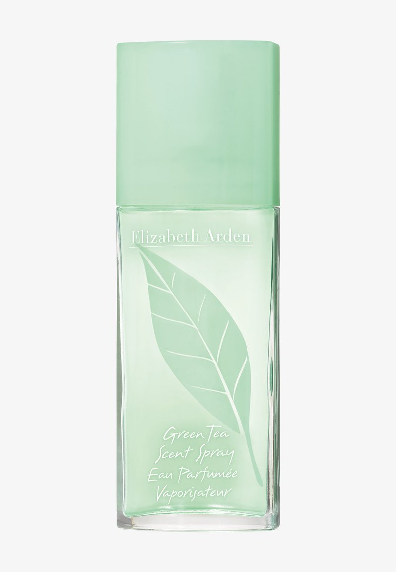 Frasco de perfume rectangular de vidrio con tapón verde pálido, etiquetado como Elizabeth Arden Green Tea Scent Spray, muestra un diseño de hoja verde.