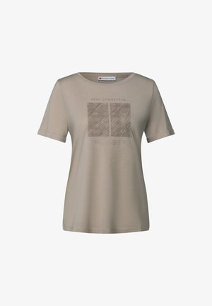 Jasno-beżowy t-shirt z okrągłym dekoltem i krótkimi rękawami. Posiada graficzny nadruk z napisem "STAY CONNECTED" w kwadratowym wzorze. Gładki materiał.