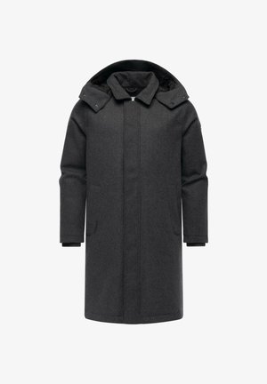 Mørkegrå, knælængde frakke lavet af uld, med hætte, frontknaplukning og to sidelommer. Struktureret design med lange ærmer.