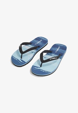 Tongs à motifs bleus et bleu clair avec des brides en caoutchouc noir et une semelle texturée. Présente le logo O'Neill sur les brides et les semelles.