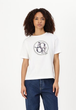 White cotton t-shirt featuring a round graphic with "JOOP!" in black and floral patterns, short sleeves, and a relaxed fit.