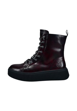 Black high-top leather boot with thick ridged sole, round toe, lace-up front with metal eyelets, and pull tab at the back.