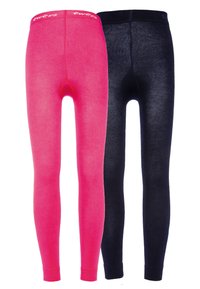 Zwei Paar Leggings: eine leuchtend pinkfarbene, eine schwarze. Jede hat einen nahtlosen Bund und eine glatte Textur, mit einer enganliegenden Passform.