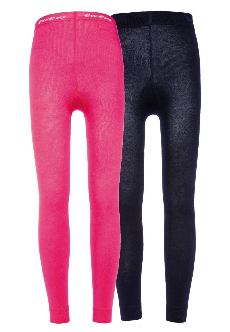 Duas leggings: uma rosa brilhante e uma preta. Cada uma tem uma cintura sem costuras e uma textura suave, apresentando um ajuste justo em todo o corpo.