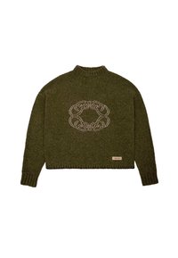 Olive green knit sweater with ribbed collar and cuffs, featuring a light circular pattern in the center and a small beige label near the hem.