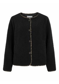 Giacca in pile nera con collo rotondo, chiusura con bottoni e rifiniture in stampa leopardata lungo i bordi e i polsini.