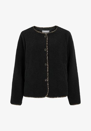 Schwarze Fleecejacke mit rundem Ausschnitt, Knopfverschluss und Leopardenmusterbesatz an den Kanten und Ärmeln.