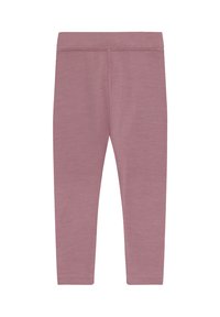 Leggings in morbido tessuto rosa, con cuciture visibili e una vita elasticizzata, mostrati distesi su uno sfondo bianco.