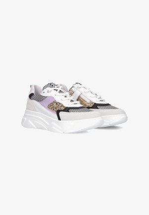 Sneakers featuring a mix of materials including black, white, lavender, and golden accents, with a chunky sole and textured panels.