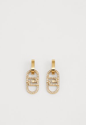 Gold earrings with a geometric oval design, featuring clear crystals along the edges and a clasp closure. Smooth metallic texture.