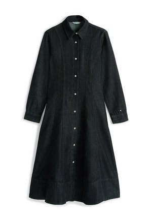 Vestido midi de mezclilla oscura de manga larga con cuello, botones plateados en la parte delantera, costuras entalladas y mangas con puños.