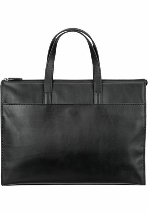 Czarna skórzana teczka z dwoma krótkimi uchwytami, zamkiem błyskawicznym od góry, gładką fakturą oraz przednią kieszenią na dodatkowe przechowywanie.