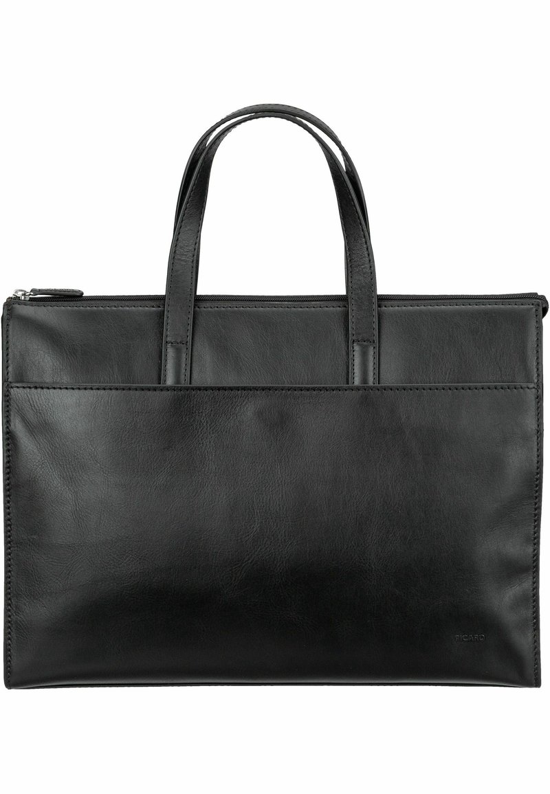 Mallette en cuir noir avec deux poignées courtes, une fermeture éclair supérieure, une texture lisse et une poche à l'avant pour un rangement supplémentaire.