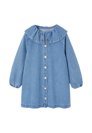 Jeans-Kleid mit langen Ärmeln, Knopfleiste, Rüschkragen und kleiner roter Kirschenstickerei an den Kragenspitzen.