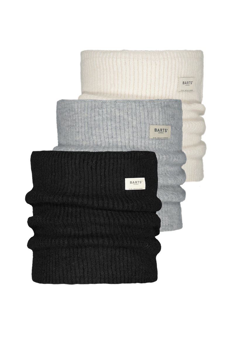 Tre scaldacolli lavorati a maglia di BARTS in nero, grigio e bianco. Ognuno ha una texture a coste e presenta un piccolo tag con il logo.