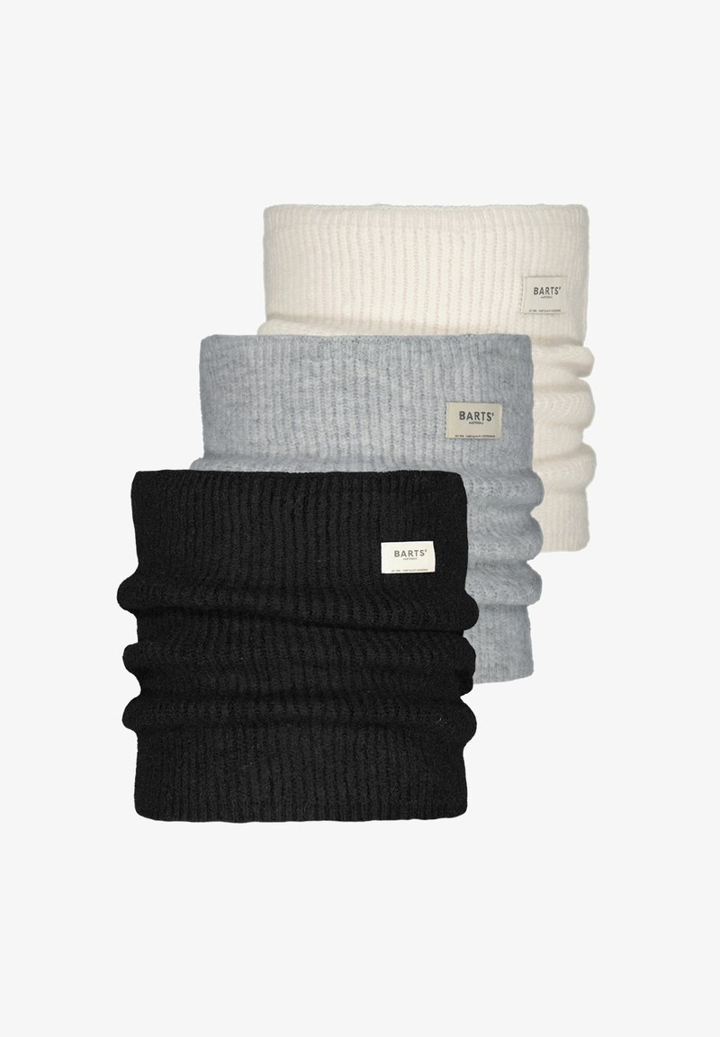 Three knitted neck warmers by BARTS in black, grey, and white. Each has a ribbed texture and features a small logo tag.
