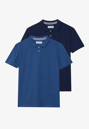 Two polo shirts in blue and dark navy. Both feature a collar, short sleeves, and plain texture with button plackets.