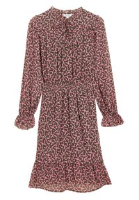 Robe à manches longues en tissu vert foncé avec un imprimé abstrait rose, dotée d'une taille froncée, de poignets à volants et d'un ourlet évasé.
