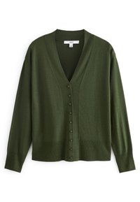 Cardigan verde realizzato in morbido tessuto a maglia. Presenta un profondo scollo a V, maniche lunghe e una fila di bottoni lungo la parte anteriore, con orlo a costine.