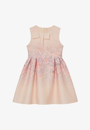 Robe sans manches en tissu rose clair, avec un détail de nœud sur le corsage et un motif floral en rose foncé et bleu sur l'ourlet.