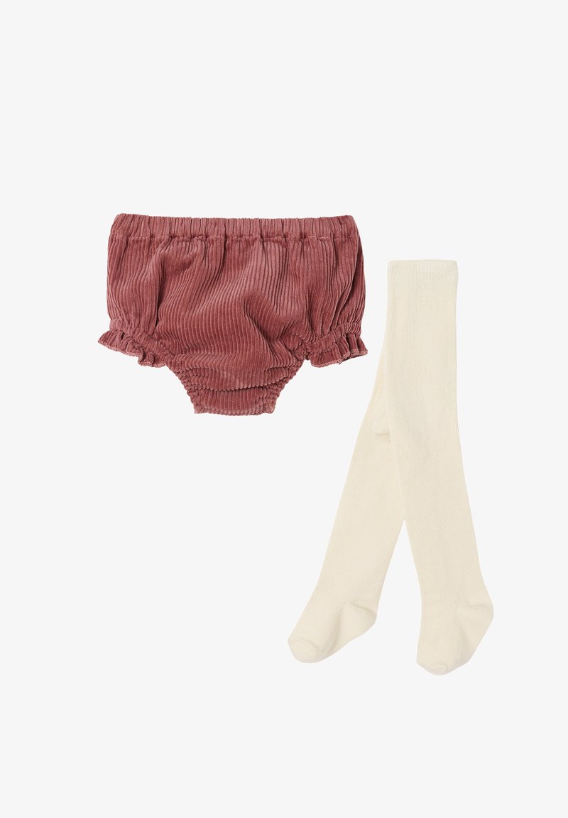 Ribbelige, staubrosa Babybloomer kombiniert mit schlichten, cremefarbenen Babystrumpfhosen auf einem weißen Hintergrund.