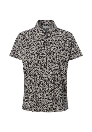 Zwart overhemd met korte mouwen en knopen, wit bloemen- en bladmotief, klassieke kraag en Marc O'Polo-label aan de binnenkant van de halslijn.
