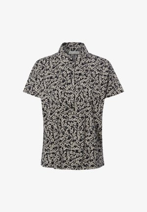 Zwart overhemd met korte mouwen en knopen, wit bloemen- en bladmotief, klassieke kraag en Marc O'Polo-label aan de binnenkant van de halslijn.