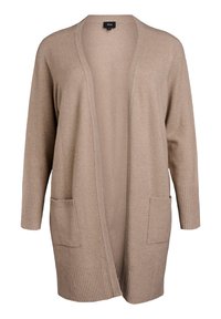 Beige cardigan valmistettu pehmeästä neulomateriaalista, jossa on pitkät hihat, avoin etuosa ja kaksi etutaskua ribbausvarrella.